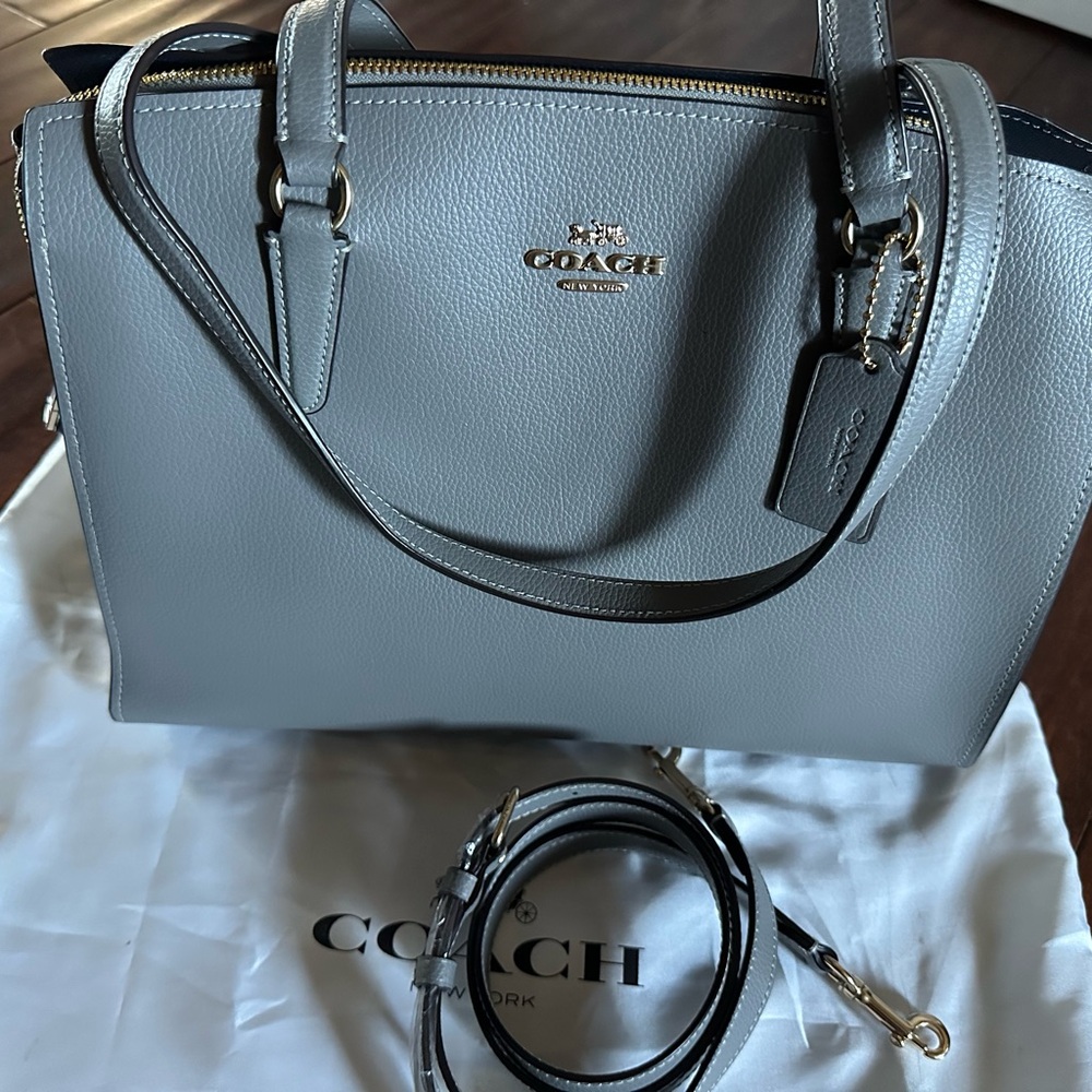 Coach Tatum Carryall Gray Pebbled Leather Gold HW Crossbody C4078